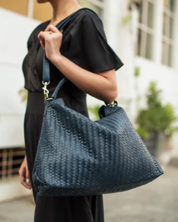 Woven Leather Tote in Blue